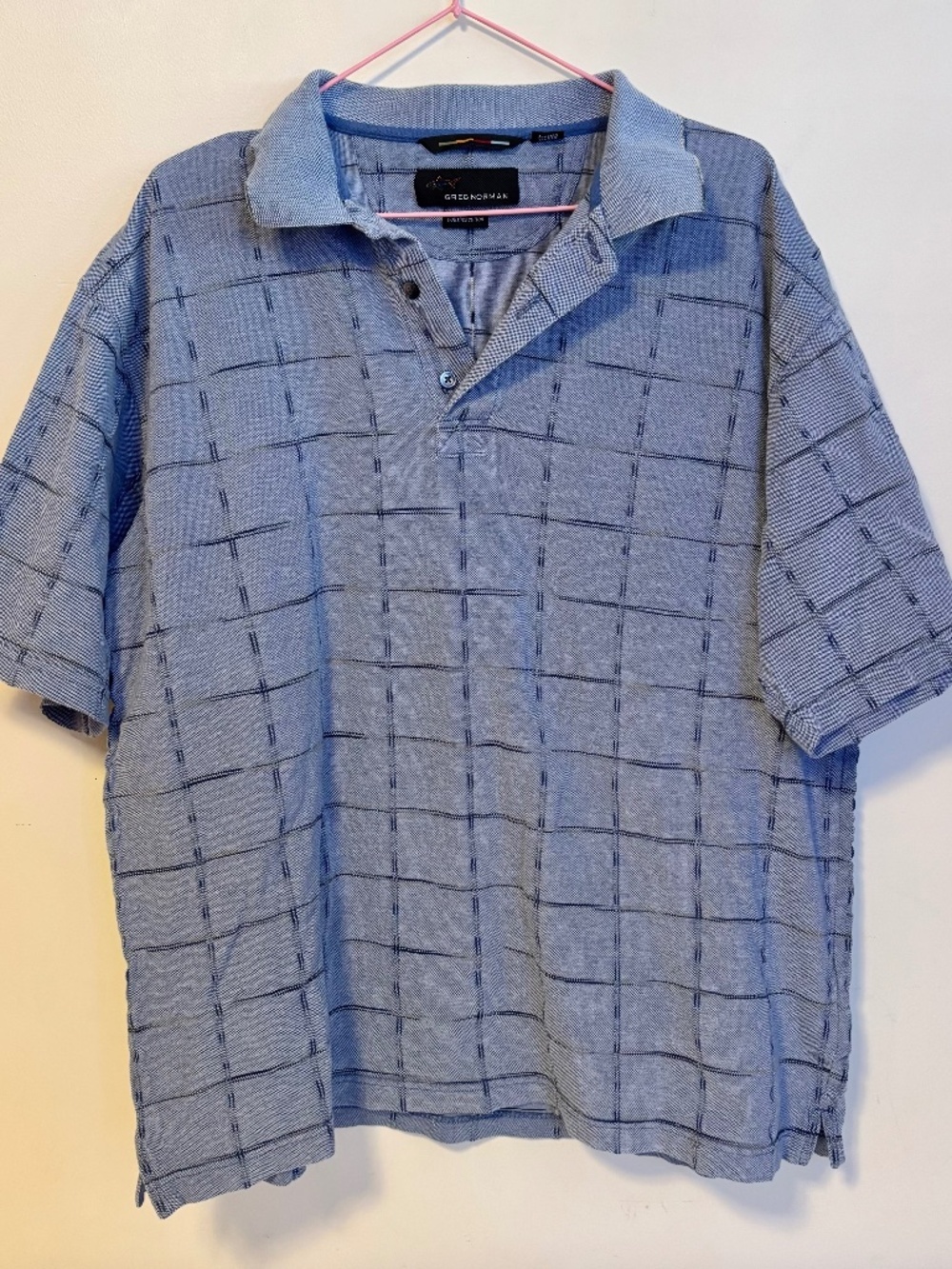 Greg Norman Golf Collared Short Sleeve Polo Top Shirt Blue Checkered Mens Large